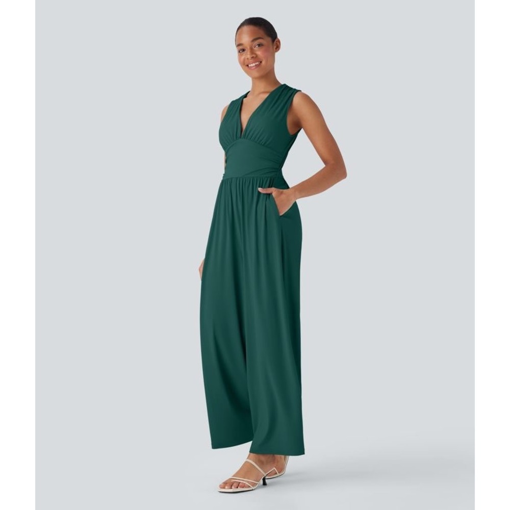 Halara Teal Green Sleeveless Wide Leg Jumpsuit V-Neck Back Cutout Size 2X NEW